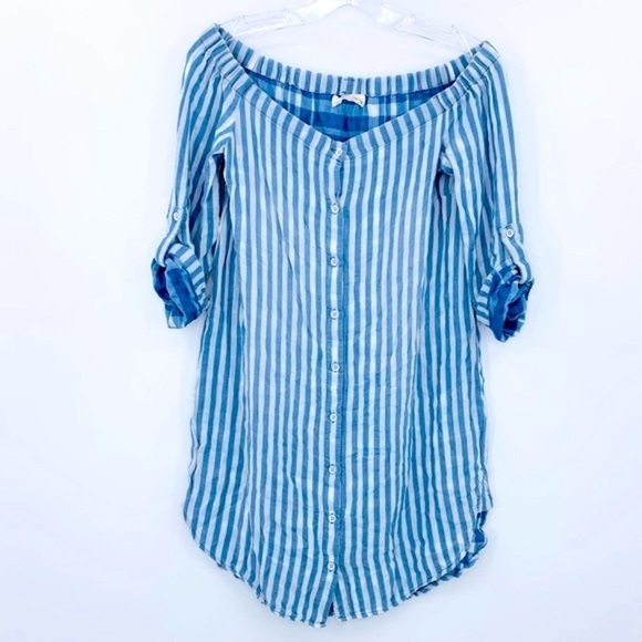 Bella Dahl Off Shoulder Button Front Pinstripe Marina Wash - Picture 2 of 10